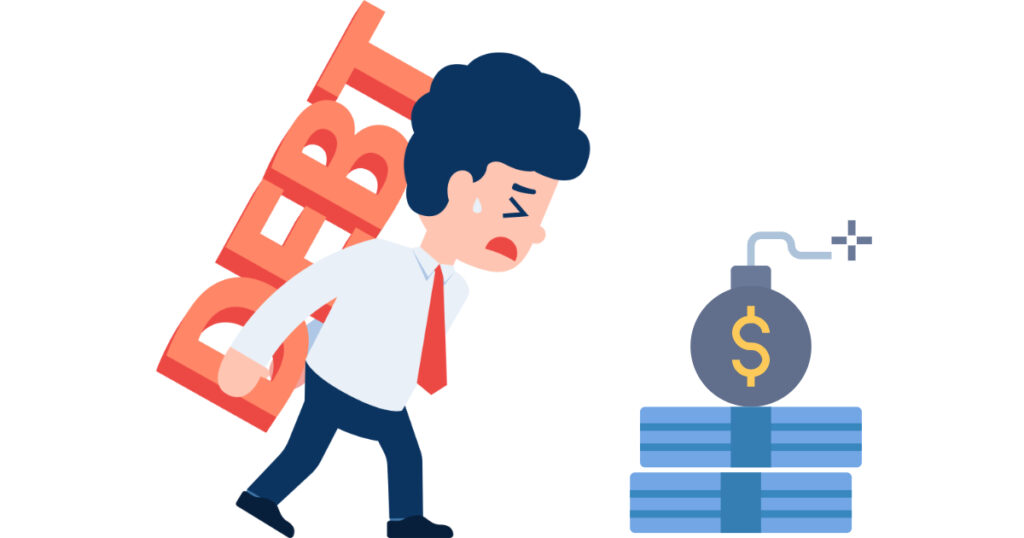 채무 부담에 고민하는 사람과 돈 폭탄 일러스트 (신속 채무조정 관련 이미지)