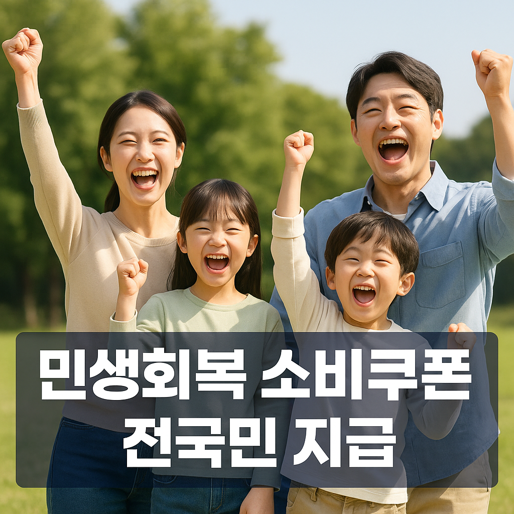 민생회복 소비쿠폰으로 행복해하는 온 가족 모습, 전국민 대상 소비 지원 정책 홍보 이미지